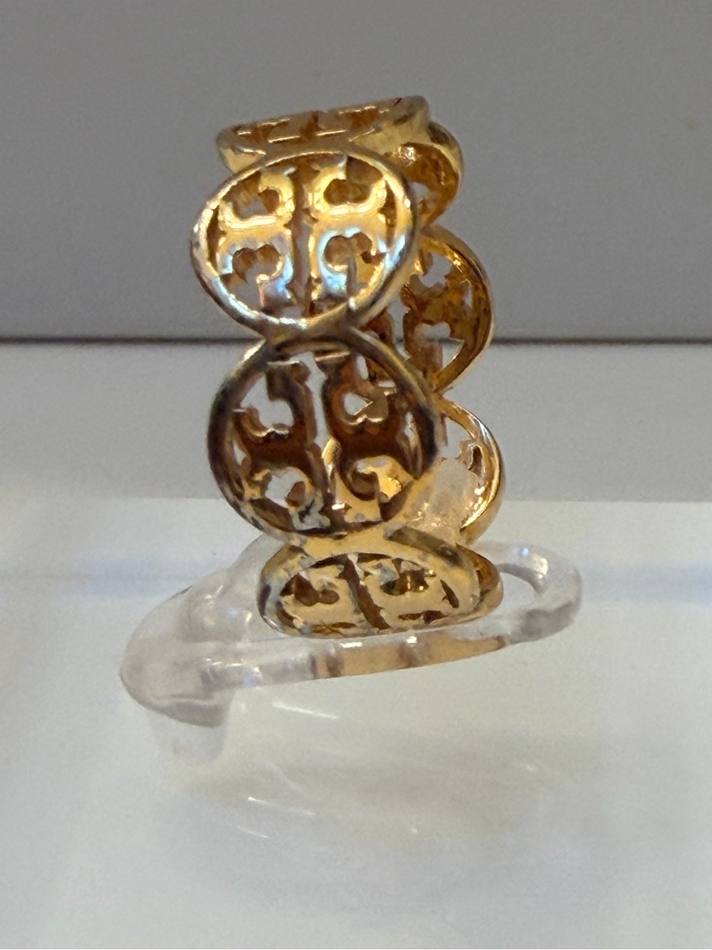 Tory Burch Gold Tone Logo Openwork Band Ring, Size 8